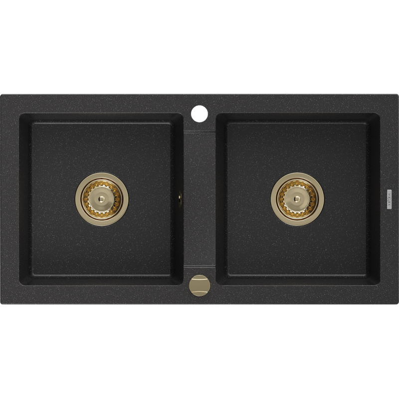 Mexen Mario granite sink 2-chamber 820 x 436 mm, black/silver metallic, gold siphon - 6504822000-73-G