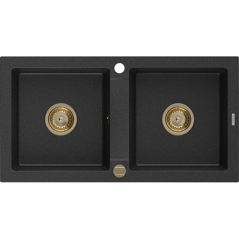 Mexen Mario granite sink double-bowl 820 x 436 mm, black/silver metallic, gold siphon - 6504822000-73-G