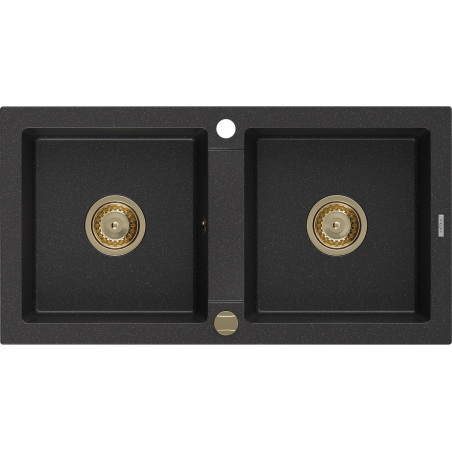 Mexen Mario Granite Double-Bowl Sink 820 x 436 mm, Black/Silver Metallic, Gold Siphon - 6504822000-73-G