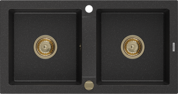 Mexen Mario granite sink double-bowl 820 x 436 mm, black/silver metallic, gold siphon - 6504822000-73-G
