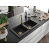 Mexen Mario Granite Double-Bowl Sink 820 x 436 mm, Black/Silver Metallic, Gold Siphon - 6504822000-73-G