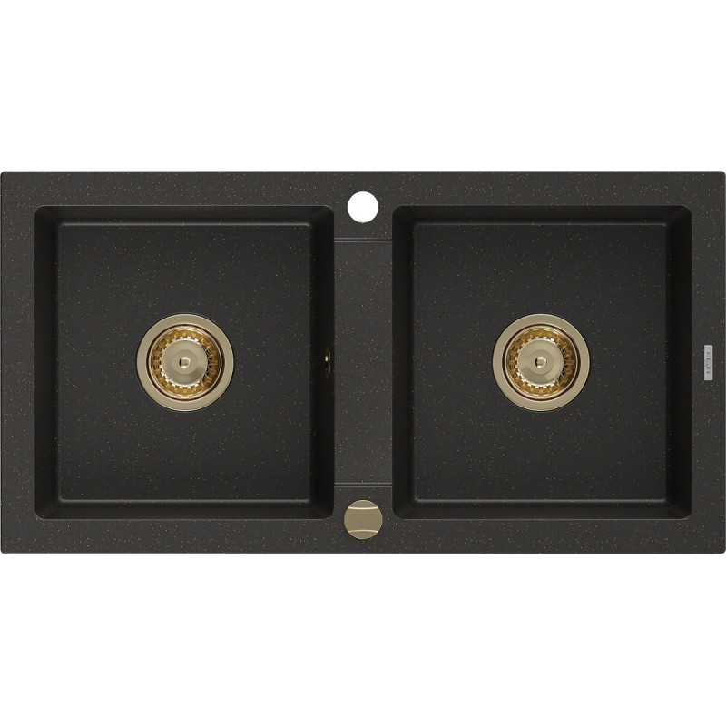 Mexen Mario 2-bowl granite sink 820 x 436 mm, black/gold metallic, gold siphon - 6504822000-75-G
