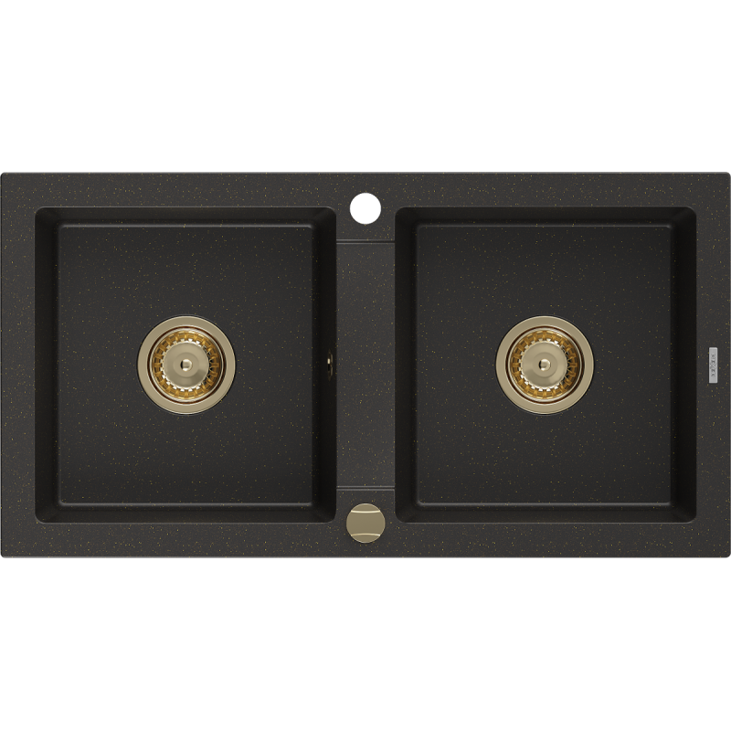 Mexen Mario granite sink 2-bowl 820 x 436 mm, black/golden metallic, golden siphon - 6504822000-75-G