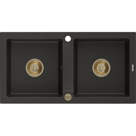 Mexen Mario granite sink 2-bowl 820 x 436 mm, black/golden metallic, golden siphon - 6504822000-75-G