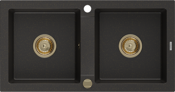 Mexen Mario granite sink 2-bowl 820 x 436 mm, black/golden metallic, golden siphon - 6504822000-75-G