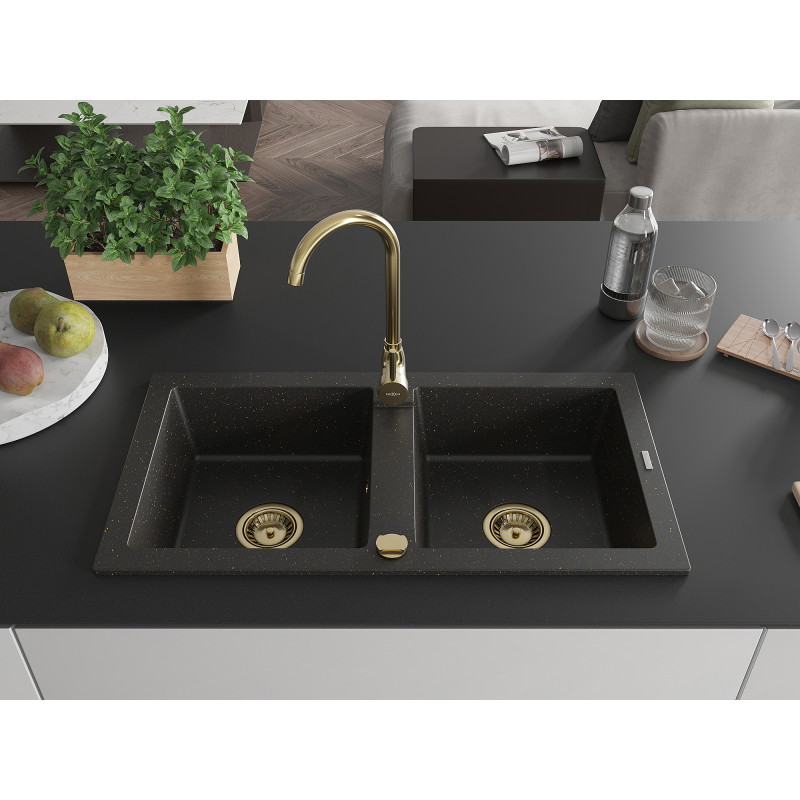 Mexen Mario granite sink 2-bowl 820 x 436 mm, black/golden metallic, golden siphon - 6504822000-75-G