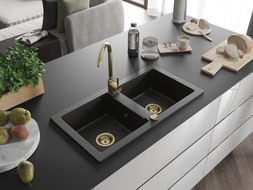 Mexen Mario 2-bowl granite sink 820 x 436 mm, black/gold metallic, gold siphon - 6504822000-75-G