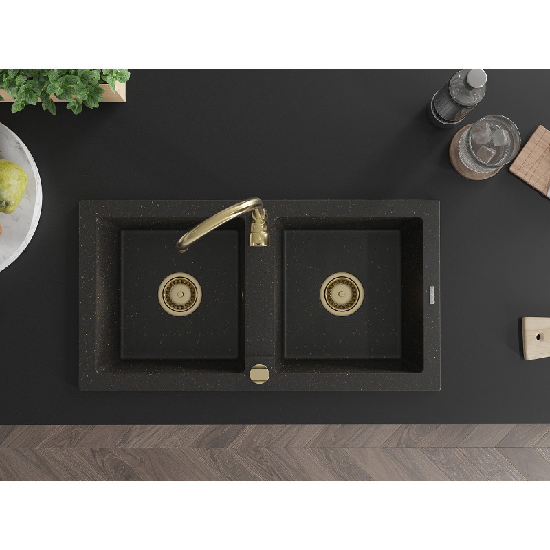Mexen Mario granite sink 2-bowl 820 x 436 mm, black/golden metallic, golden siphon - 6504822000-75-G