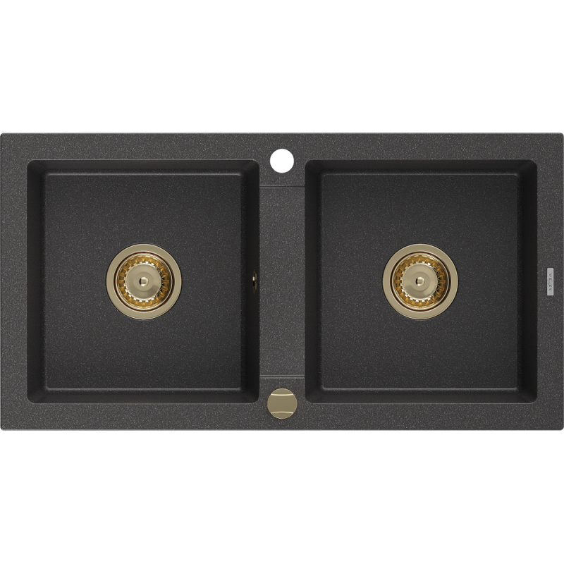 Mexen Mario granite sink 2-bowl 820 x 436 mm, black speckled, gold siphon - 6504822000-76-G