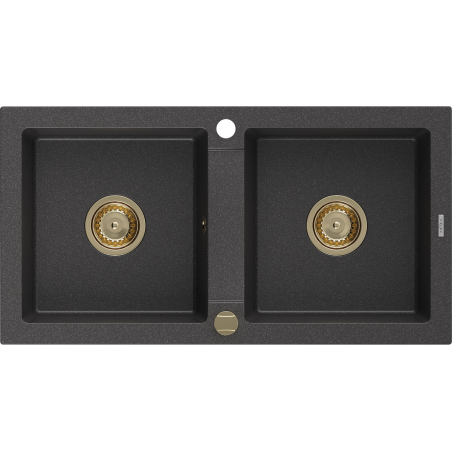 Mexen Mario granite sink 2-bowl 820 x 436 mm, black speckled, gold siphon - 6504822000-76-G
