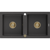 Mexen Mario granite sink 2-bowl 820 x 436 mm, black speckled, gold siphon - 6504822000-76-G