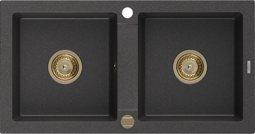 Mexen Mario granite sink 2-bowl 820 x 436 mm, black speckled, gold siphon - 6504822000-76-G