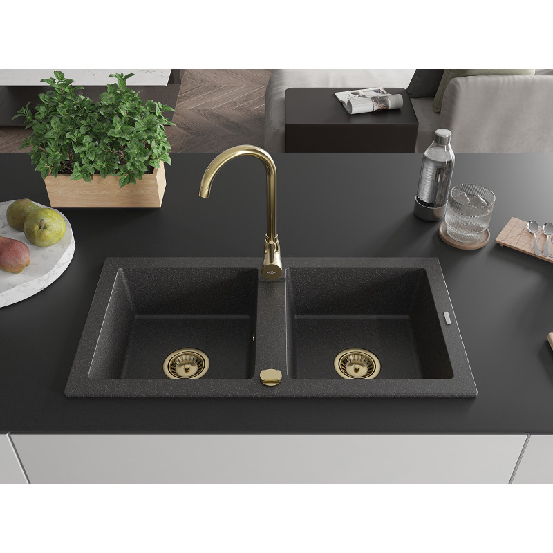 Mexen Mario granite sink 2-bowl 820 x 436 mm, black speckled, gold siphon - 6504822000-76-G