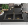 Mexen Mario granite sink 2-bowl 820 x 436 mm, black speckled, gold siphon - 6504822000-76-G