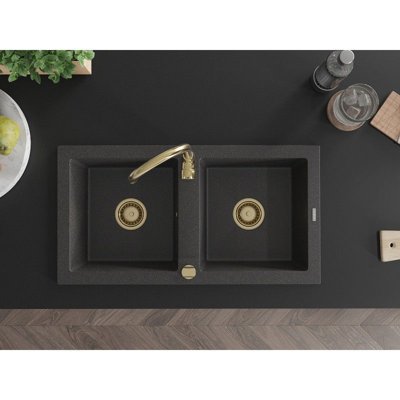 Mexen Mario granite sink 2-chamber 820 x 436 mm, black speckled, gold siphon - 6504822000-76-G