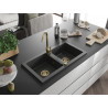 Mexen Mario granite sink 2-bowl 820 x 436 mm, black speckled, gold siphon - 6504822000-76-G