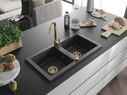 Mexen Mario 2-compartment granite sink 820 x 436 mm, spotted black, siphon Gold - 6504822000-76-G