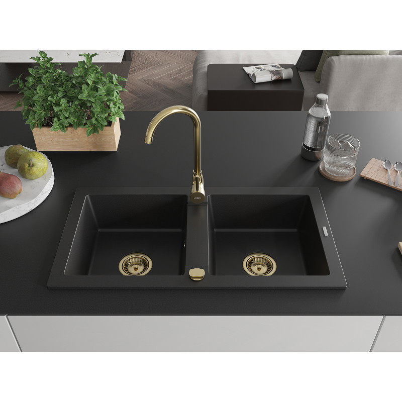 Mexen Mario granit sink 2-bowl 820 x 436 mm, black, golden siphon - 6504822000-77-G