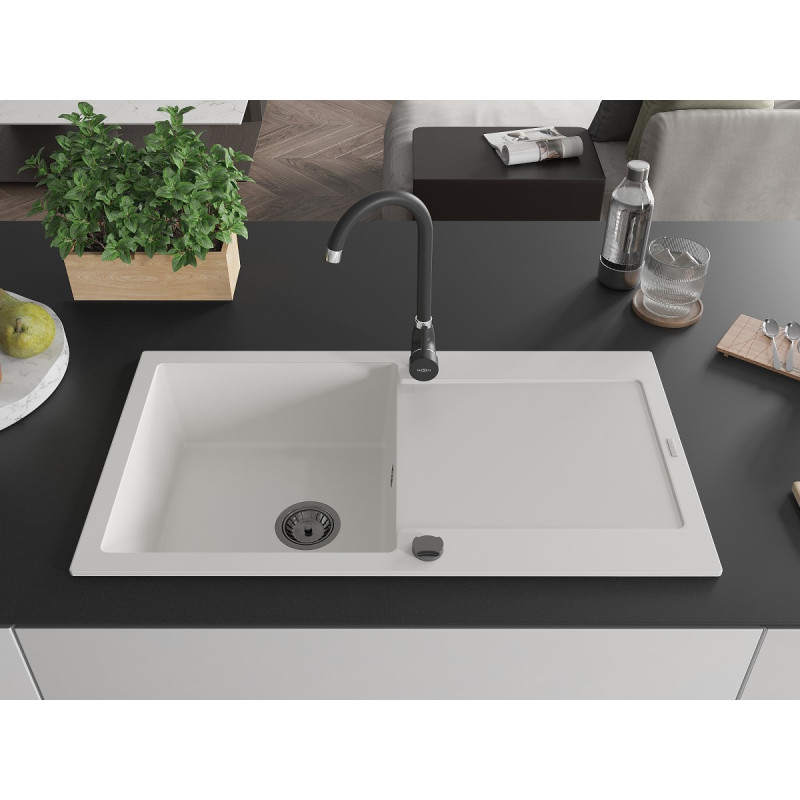Mexen Leo granite sink with 1 bowl and drainer 900 x 500 mm, white, black siphon - 6501901010-20-B