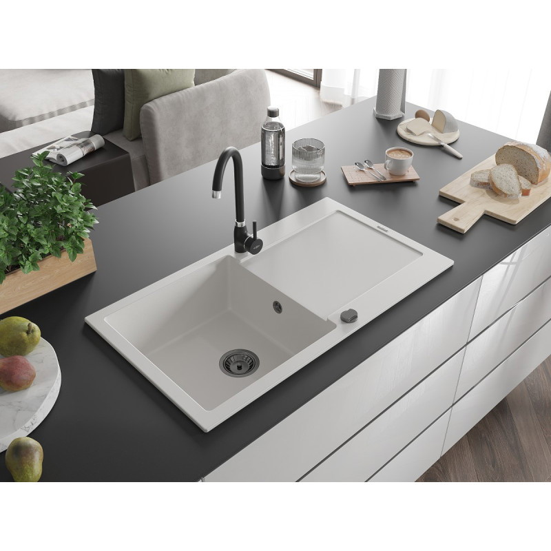 Mexen Leo granite sink with 1 bowl and drainer 900 x 500 mm, white, black siphon - 6501901010-20-B
