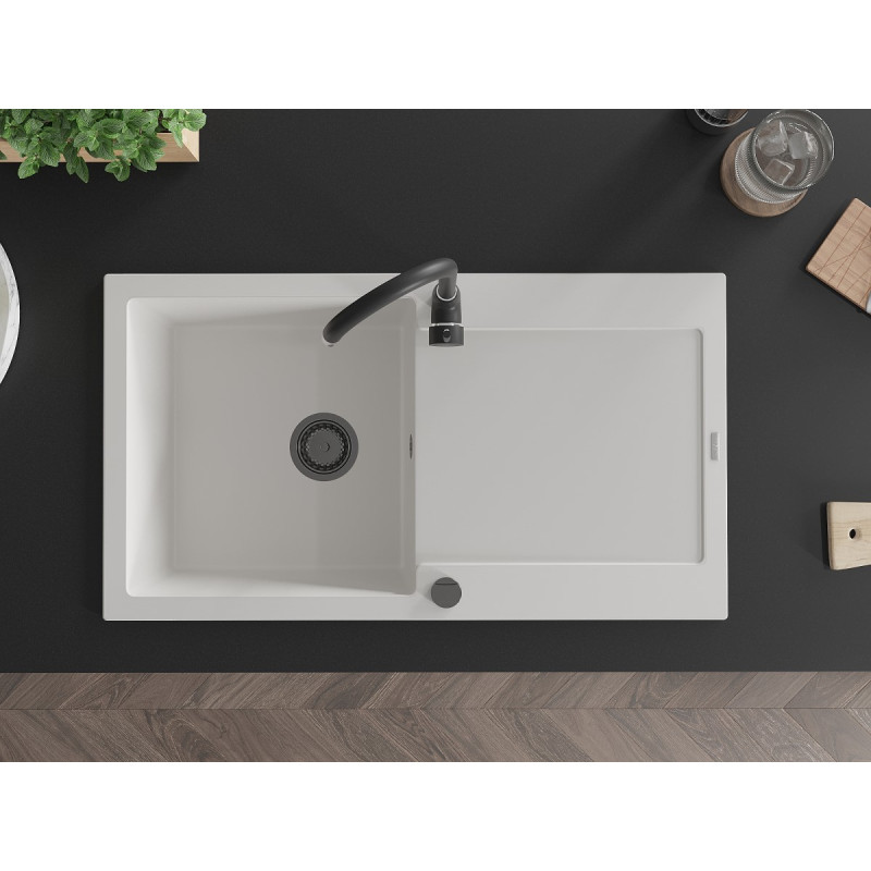 Mexen Leo granite sink with 1 bowl and drainer 900 x 500 mm, white, black siphon - 6501901010-20-B