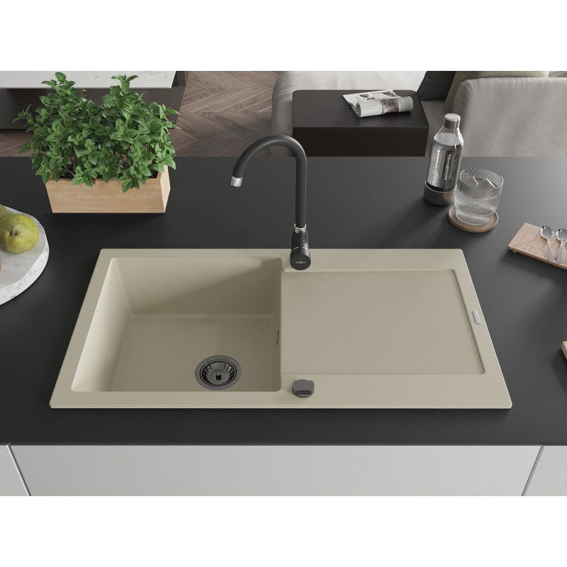 Mexen Leo granite sink 1-bowl with drainer 900 x 500 mm, beige, black siphon - 6501901010-69-B