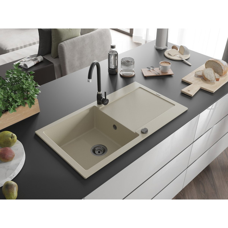 Mexen Leo granite kitchen sink 1-bowl with drainer 900 x 500 mm, beige, black siphon - 6501901010-69-B