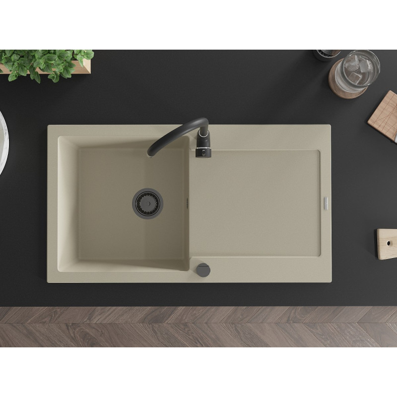 Mexen Leo granite kitchen sink 1-bowl with drainer 900 x 500 mm, beige, black siphon - 6501901010-69-B