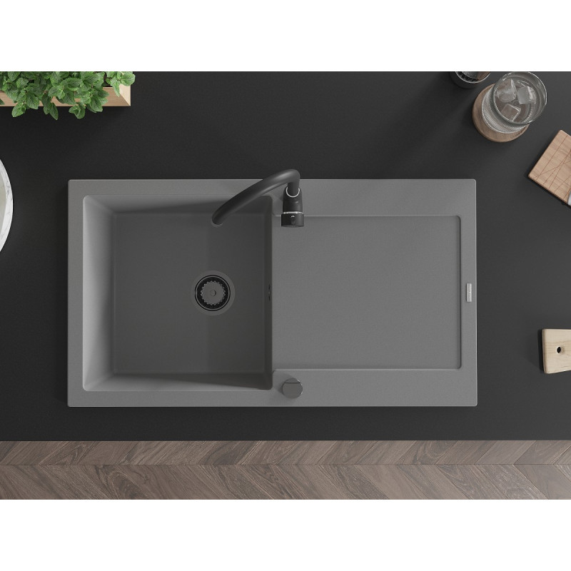 Mexen Leo 1-bowl granite sink with drainer 900 x 500 mm, gray, black siphon - 6501901010-71-B