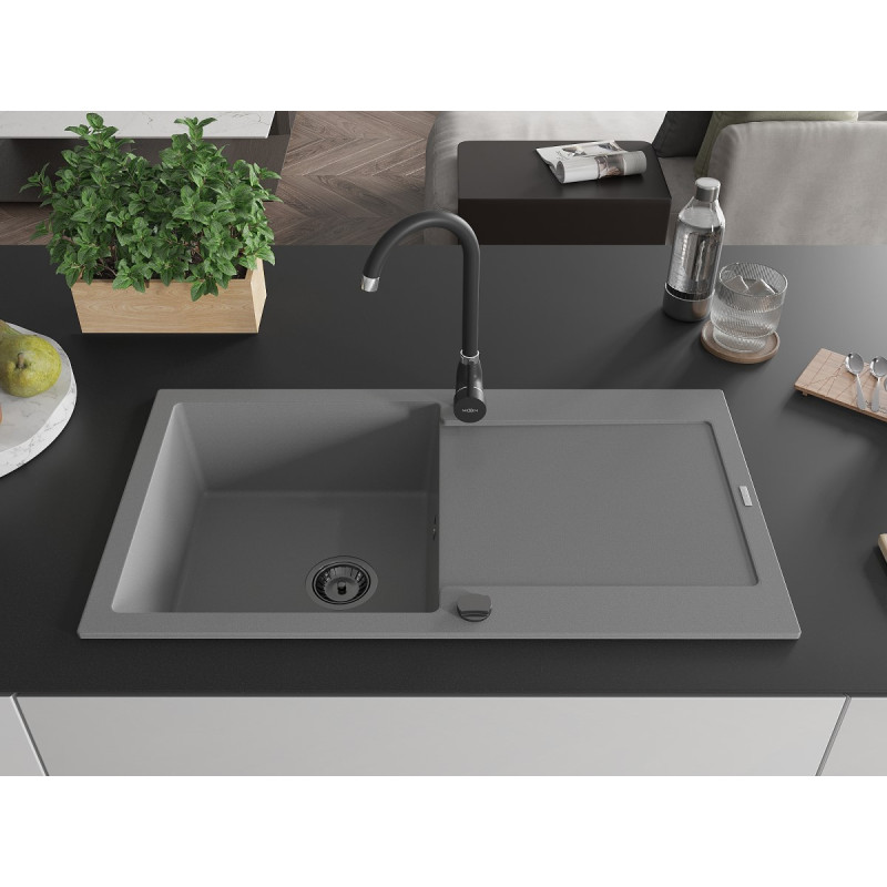 Mexen Leo 1-bowl granite sink with drainer 900 x 500 mm, gray, black siphon - 6501901010-71-B