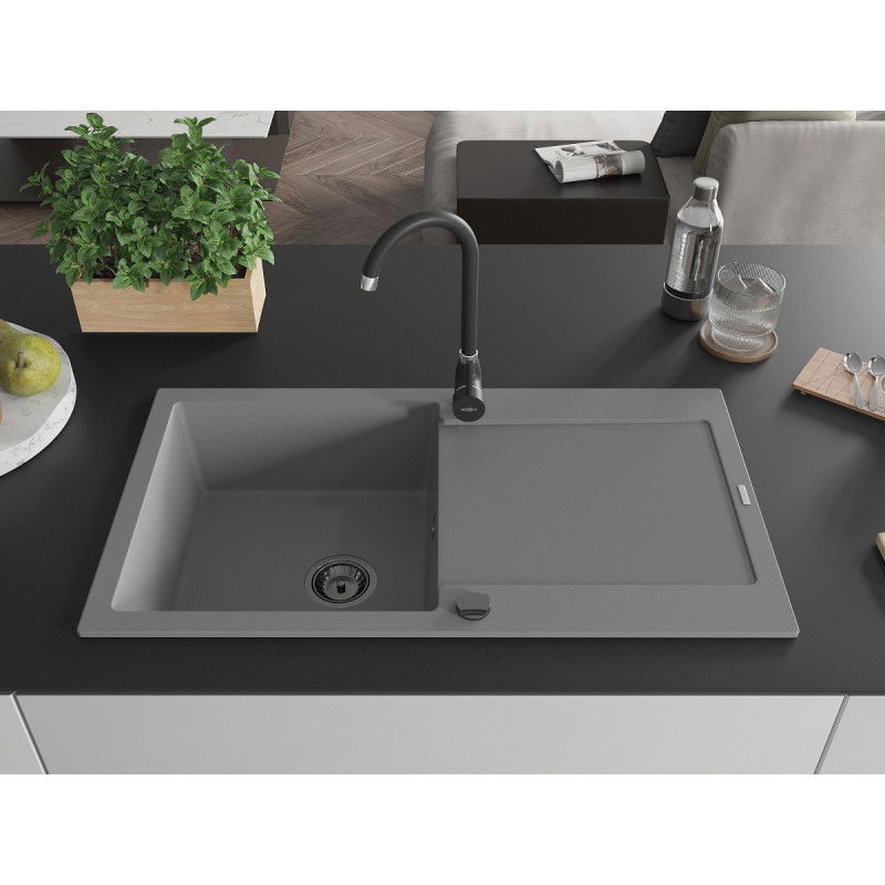 Mexen Leo granite kitchen sink 1-bowl with drainer 900 x 500 mm, grey, black siphon - 6501901010-71-B