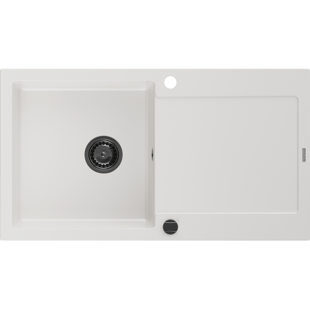 Mexen Leo granite sink with 1 bowl and drainer 900 x 500 mm, white, black siphon - 6501901010-20-B