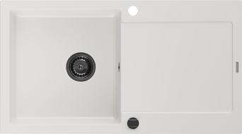 Mexen Leo granite sink with 1 bowl and drainer 900 x 500 mm, white, black siphon - 6501901010-20-B