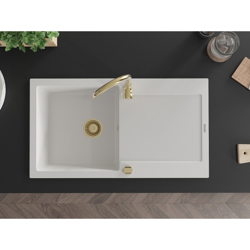Mexen Leo granite sink 1-bowl with drainer 900 x 500 mm, white, gold siphon - 6501901010-20-G