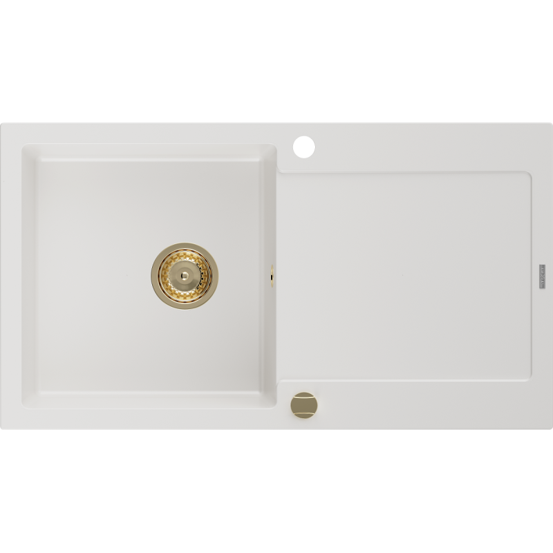 Mexen Leo 1-compartment granite sink with a drip tray 900 x 500 mm, White, siphon Gold - 6501901010-20-G
