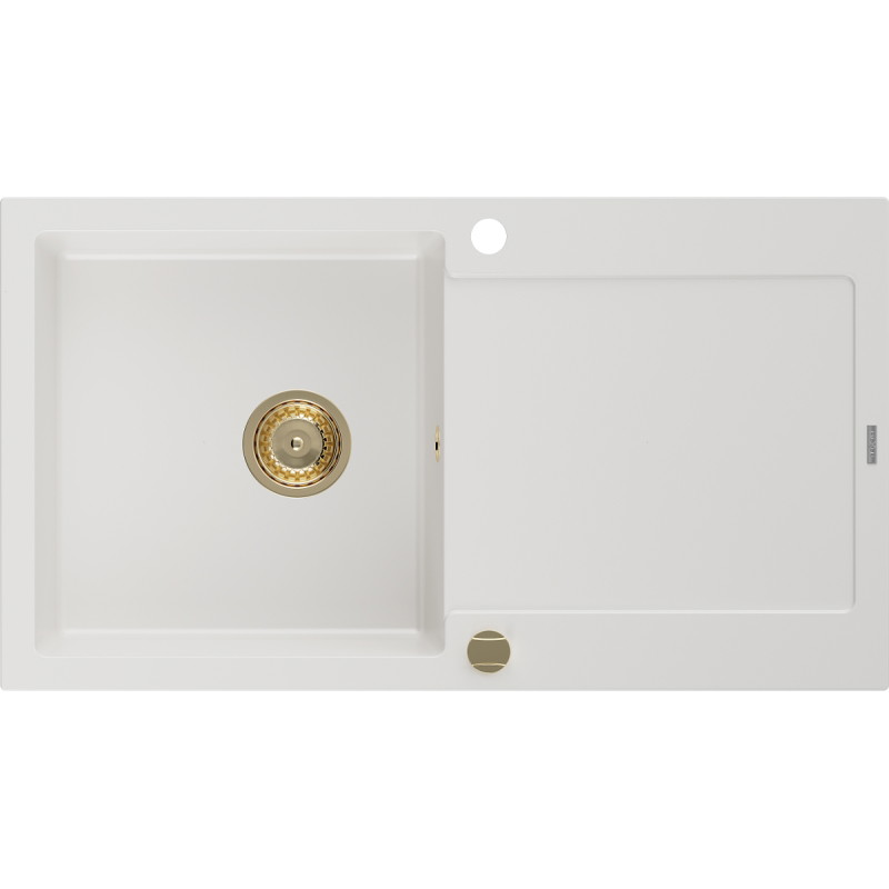 Mexen Leo granite sink 1-bowl with drainer 900 x 500 mm, white, gold siphon - 6501901010-20-G