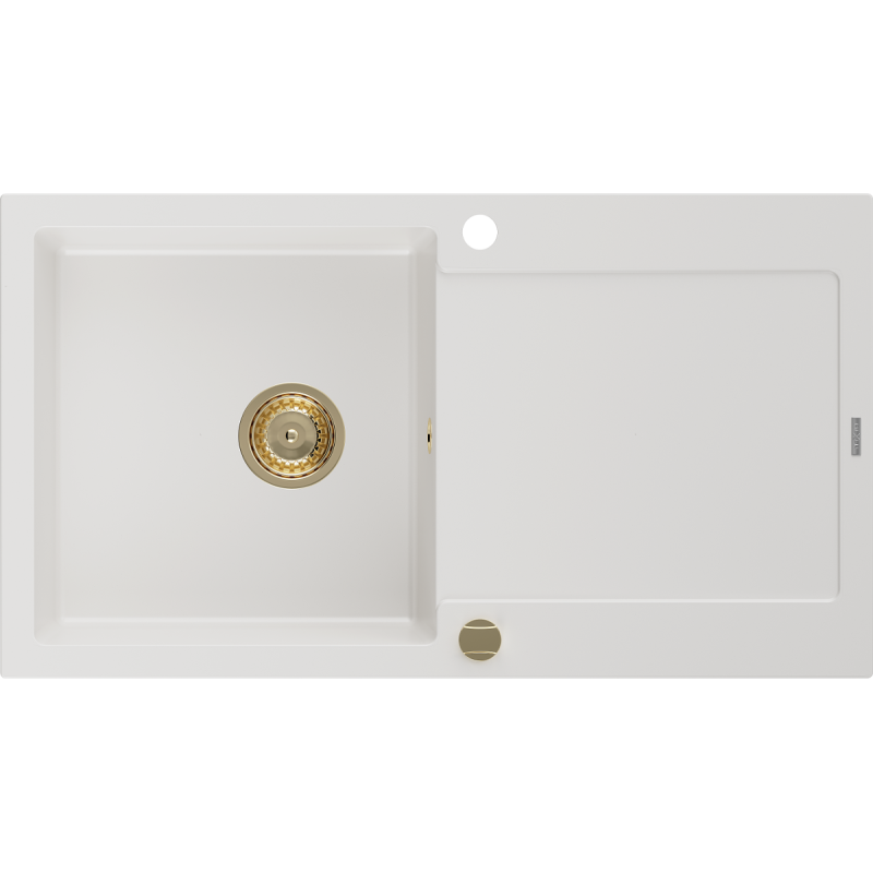 Mexen Leo granite sink 1-bowl with drainer 900 x 500 mm, white, golden siphon - 6501901010-20-G