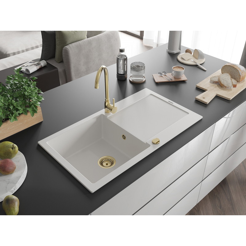 Mexen Leo granite sink 1-bowl with drainer 900 x 500 mm, white, gold siphon - 6501901010-20-G