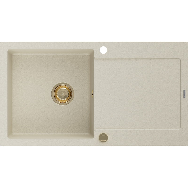 Mexen Leo granite kitchen sink single-bowl with drainer 900 x 500 mm, beige, golden siphon - 6501901010-69-G