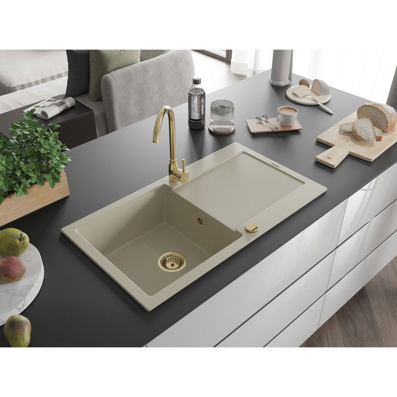 Mexen Leo granite sink 1-bowl with drainer 900 x 500 mm, beige, gold siphon - 6501901010-69-G