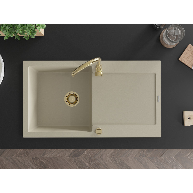 Mexen Leo 1-bowl granite sink with drainer 900 x 500 mm, beige, golden siphon - 6501901010-69-G