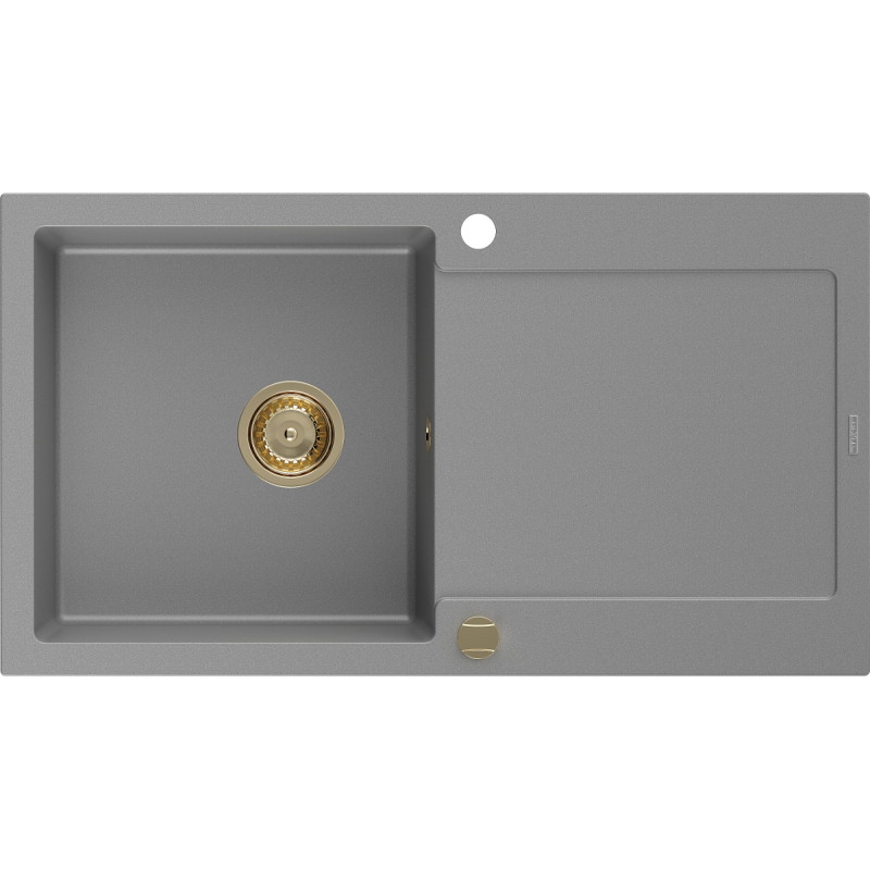 Mexen Leo 1-bowl granite sink with drainer 900 x 500 mm, gray, gold siphon - 6501901010-71-G