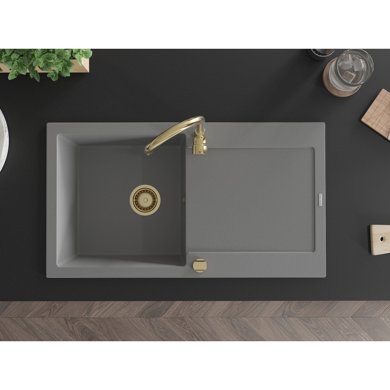 Mexen Leo 1-chamber granite sink with drainer 900 x 500 mm, gray, gold siphon - 6501901010-71-G