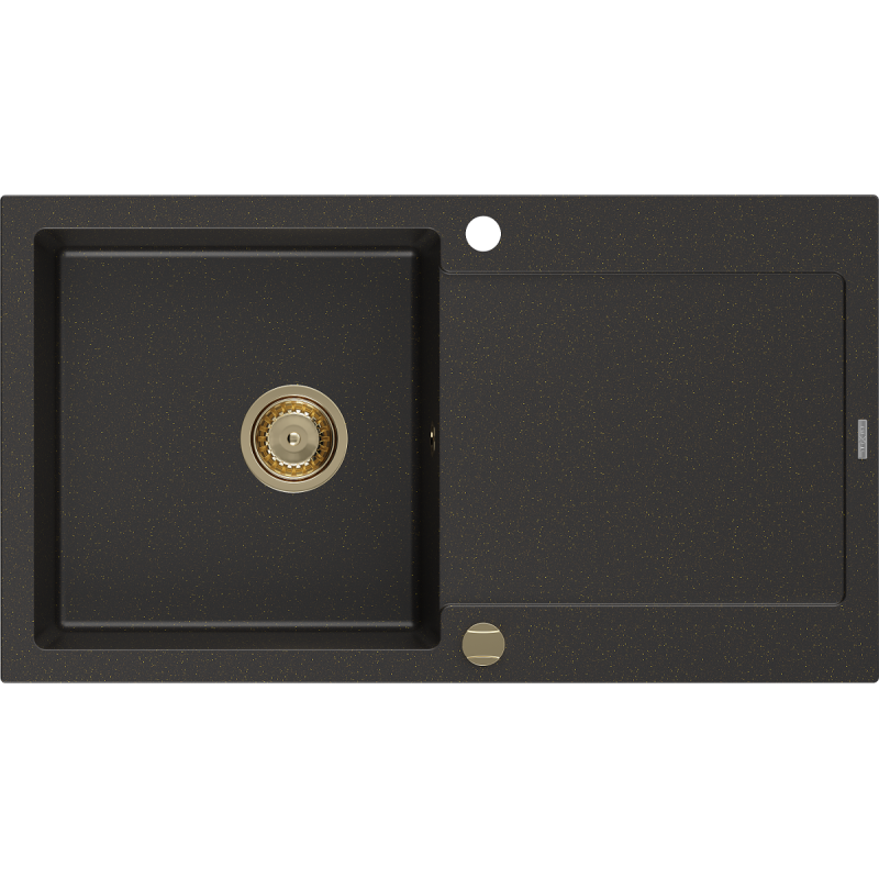 Mexen Leo 1-bowl granite sink with drainer 900 x 500 mm, black/gold metallic, gold siphon - 6501901010-75-G