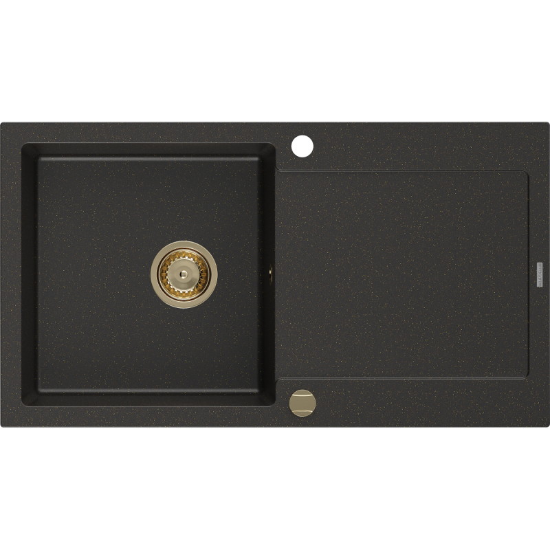 Mexen Leo granite sink 1-bowl with drainer 900 x 500 mm, black/gold metallic, gold siphon - 6501901010-75-G