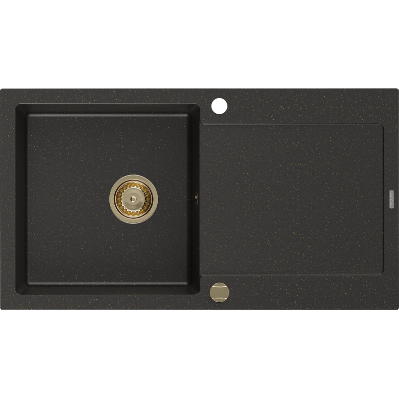 Mexen Leo granite sink 1-bowl with drainer 900 x 500 mm, black/gold metallic, golden siphon - 6501901010-75-G