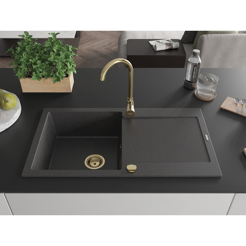 Mexen Leo granite sink 1-bowl with drainer 900 x 500 mm, black speckled, gold siphon - 6501901010-76-G