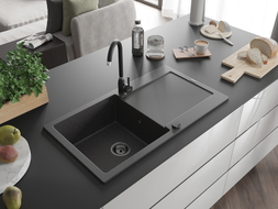 Mexen Leo single-bowl granite sink with drainer 900 x 500 mm, speckled black, black siphon - 6501901010-76-B