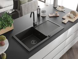 Mexen Leo 1-Bowl Granite Sink with Drainer 900 x 500 mm, Black/Gold Metallic, Black Siphon - 6501901010-75-B