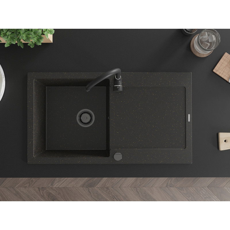 Mexen Leo granite sink, 1-bowl with drainer, 900 x 500 mm, black/gold metallic, black siphon - 6501901010-75-B